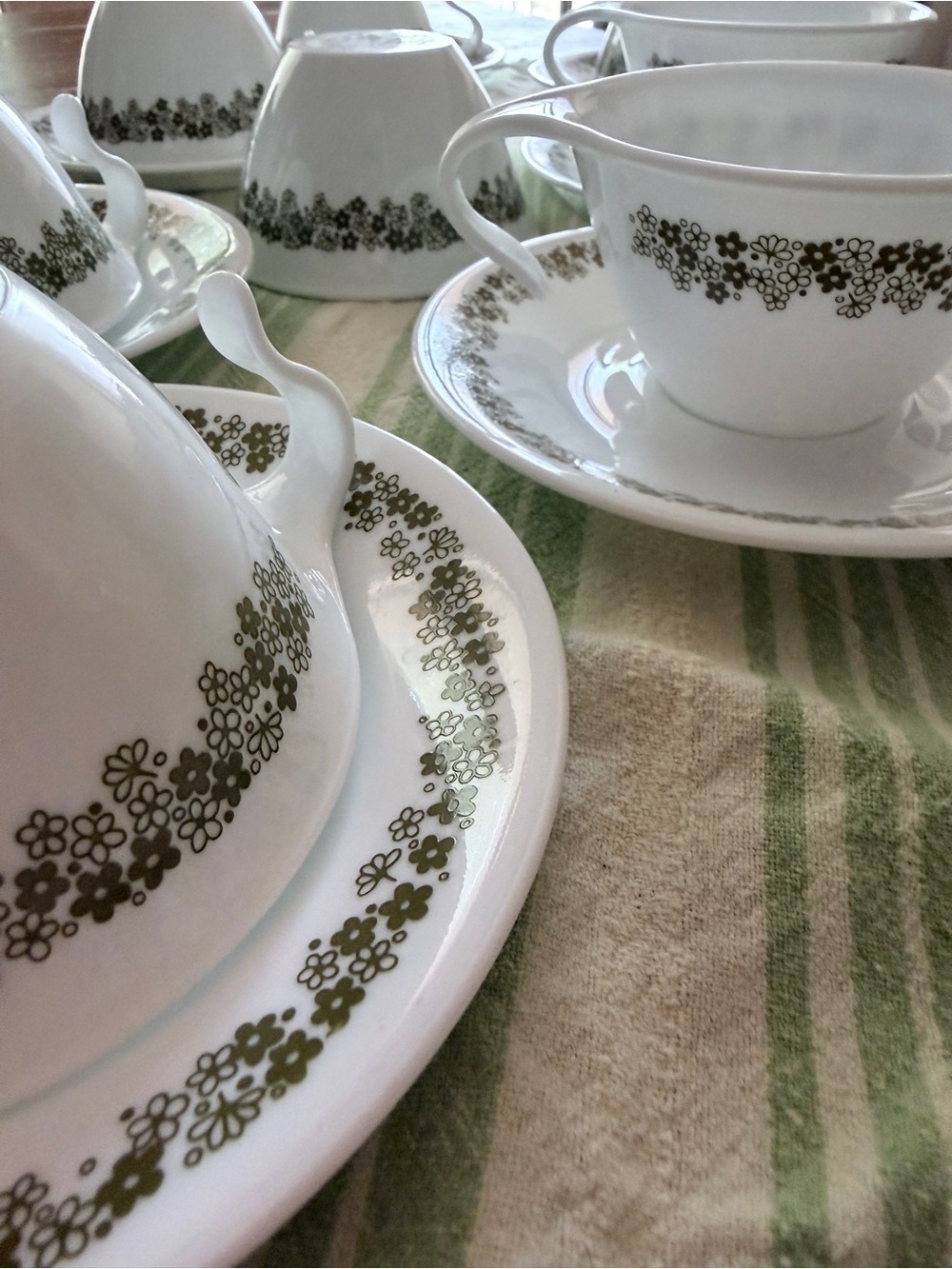 Corelle collection by Corningware Tea Cups and Saucers with Olive Floral Trim
